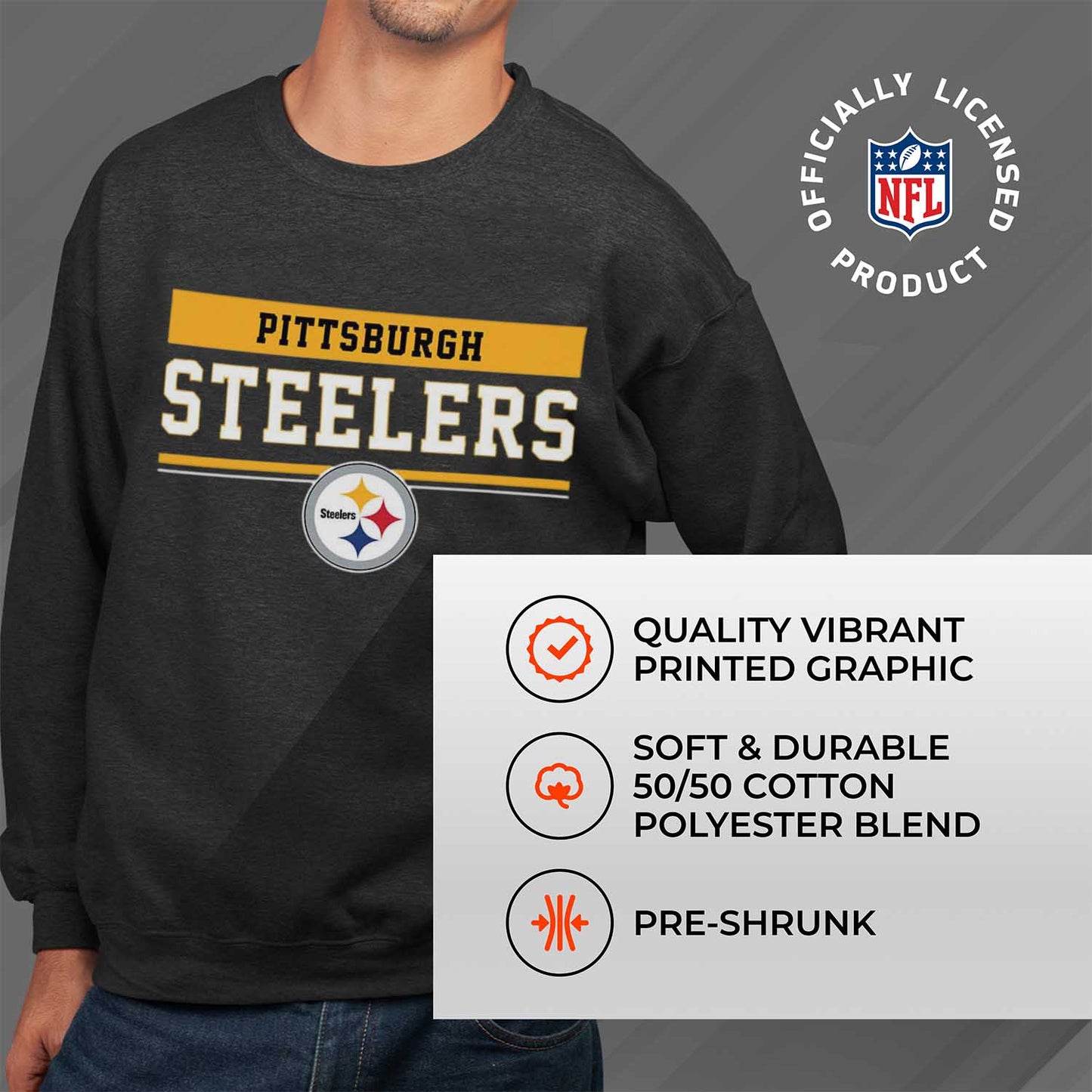 Pittsburgh Steelers NFL Adult Long Sleeve Team Block Charcoal Crewneck Sweatshirt - Charcoal