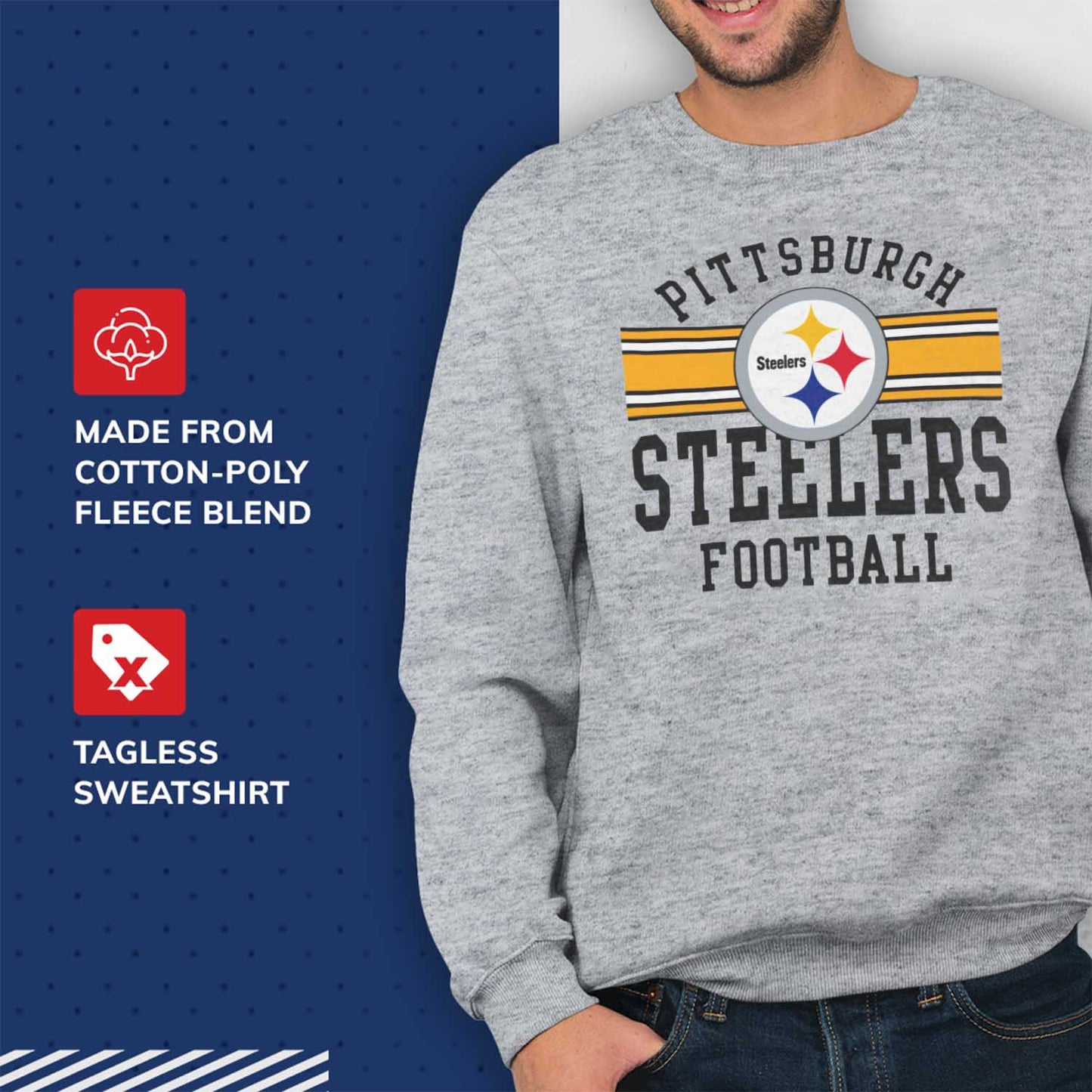 Pittsburgh Steelers NFL Team Stripe Crew Sweatshirt - Sport Gray