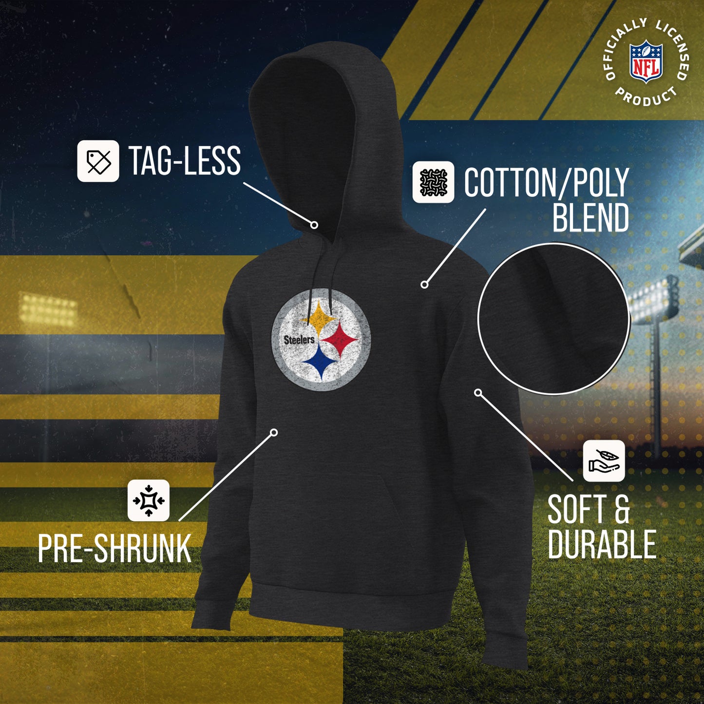 Pittsburgh Steelers NFL Adult Unisex Modern Throwback Ultra Soft Fleece Hooded Sweatshirt - Black