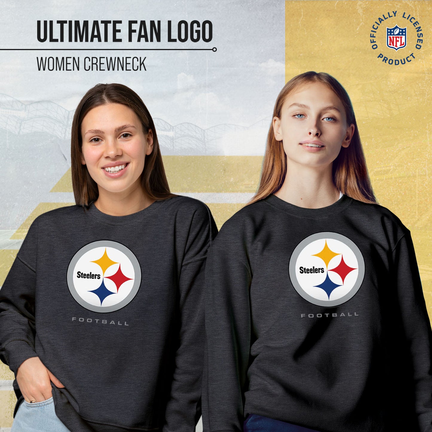 Pittsburgh Steelers Women's NFL Ultimate Fan Logo Slouchy Crewneck -Tagless Fleece Lightweight Pullover - Charcoal