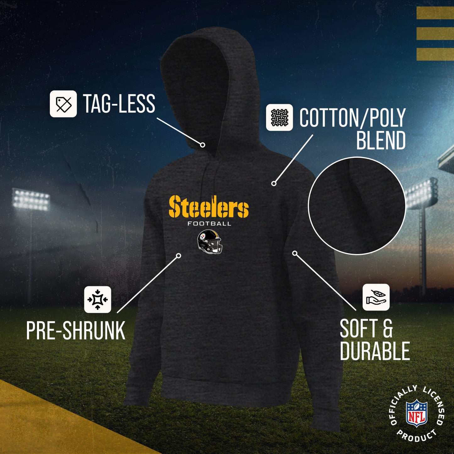 Pittsburgh Steelers Adult NFL Football Helmet Heather Hooded Sweatshirt  - Charcoal