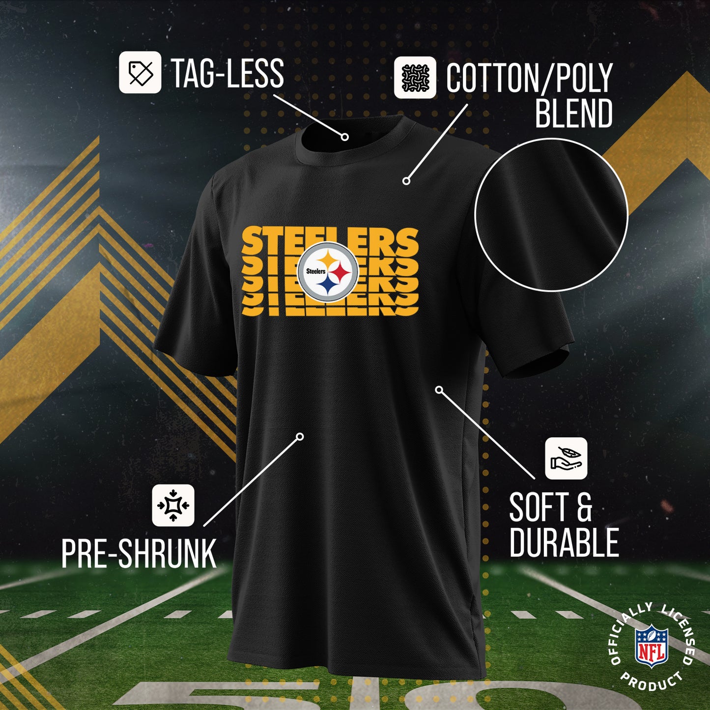 Pittsburgh Steelers NFL Youth Repeating Logo Football T-Shirt Unisex Tag Free Comfortable - Black