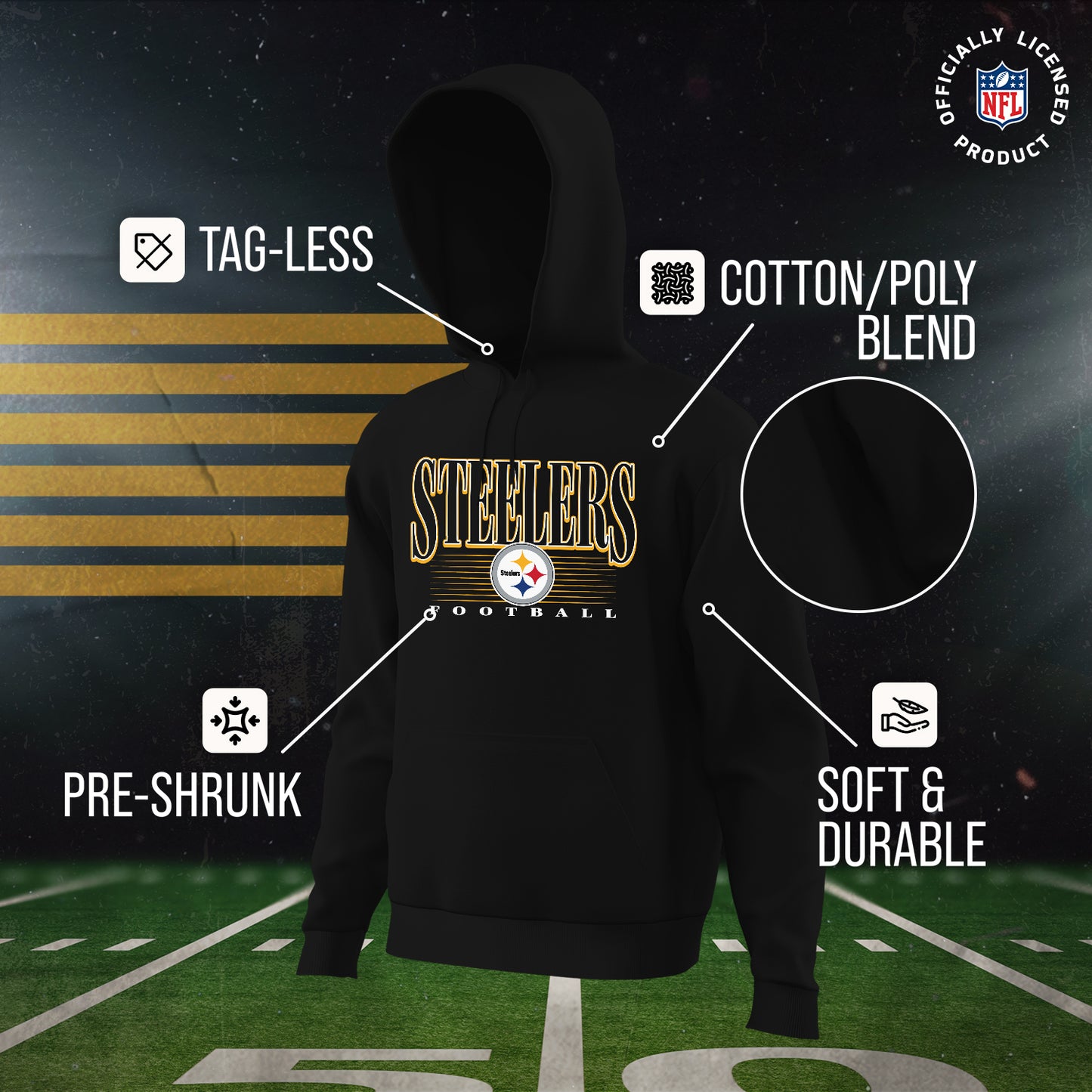 Pittsburgh Steelers NFL Youth Overtime Blueprint Football Fleece Hooded Sweatshirt - Black