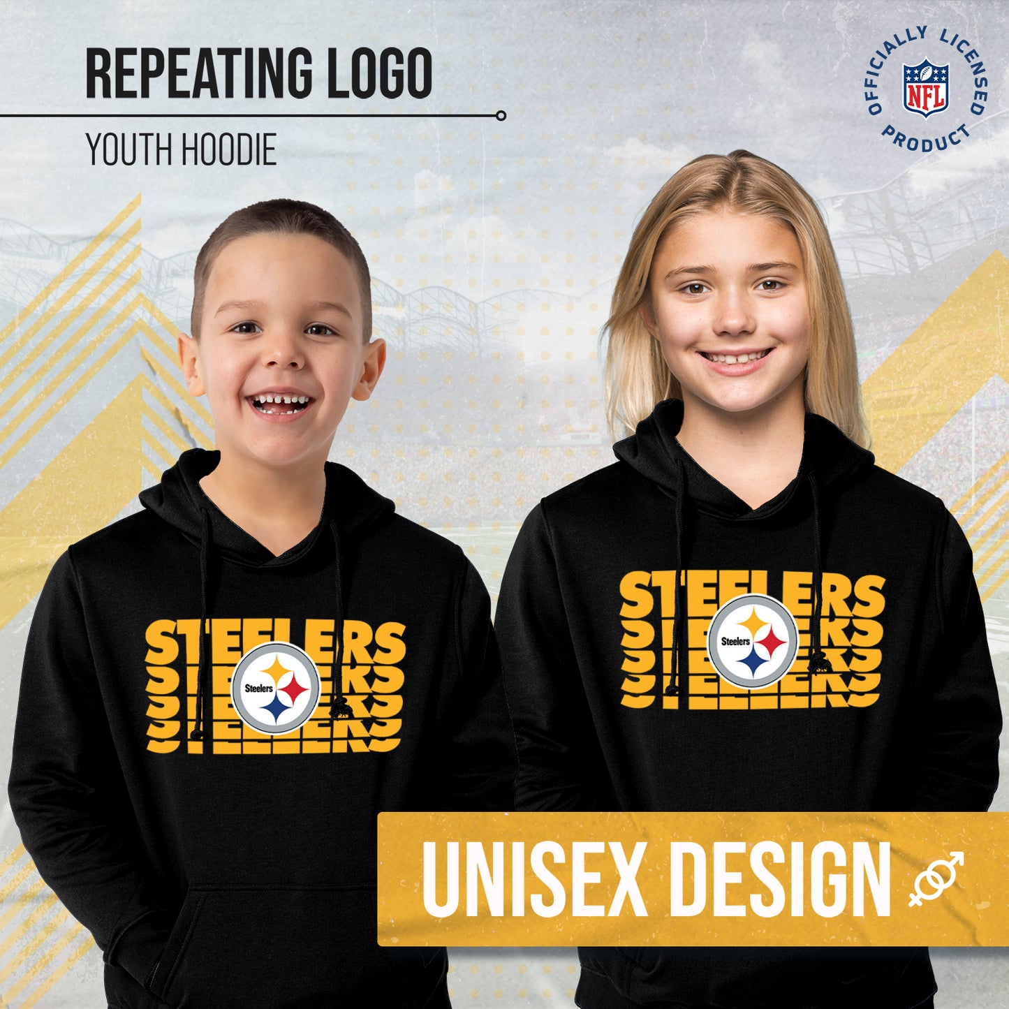 Pittsburgh Steelers NFL Youth Repeating Logo Football Fleece Hooded Sweatshirt - Black