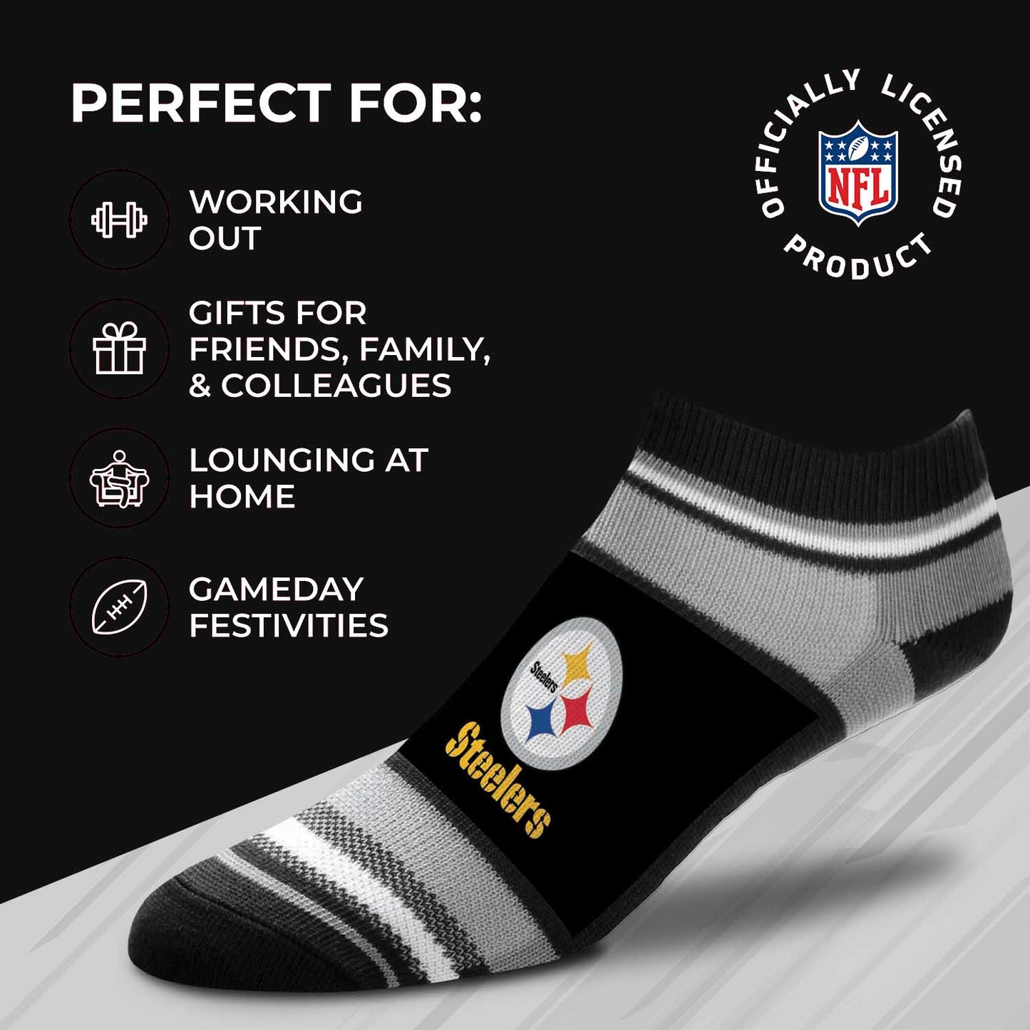 Pittsburgh Steelers Adult Marquis Addition No Show Socks - Black