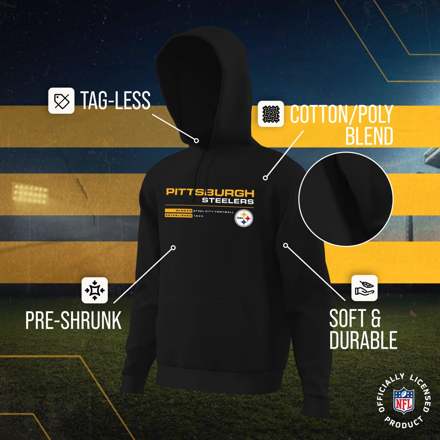 Pittsburgh Steelers Adult NFL Speed Stat Sheet Fleece Hooded Sweatshirt - Black