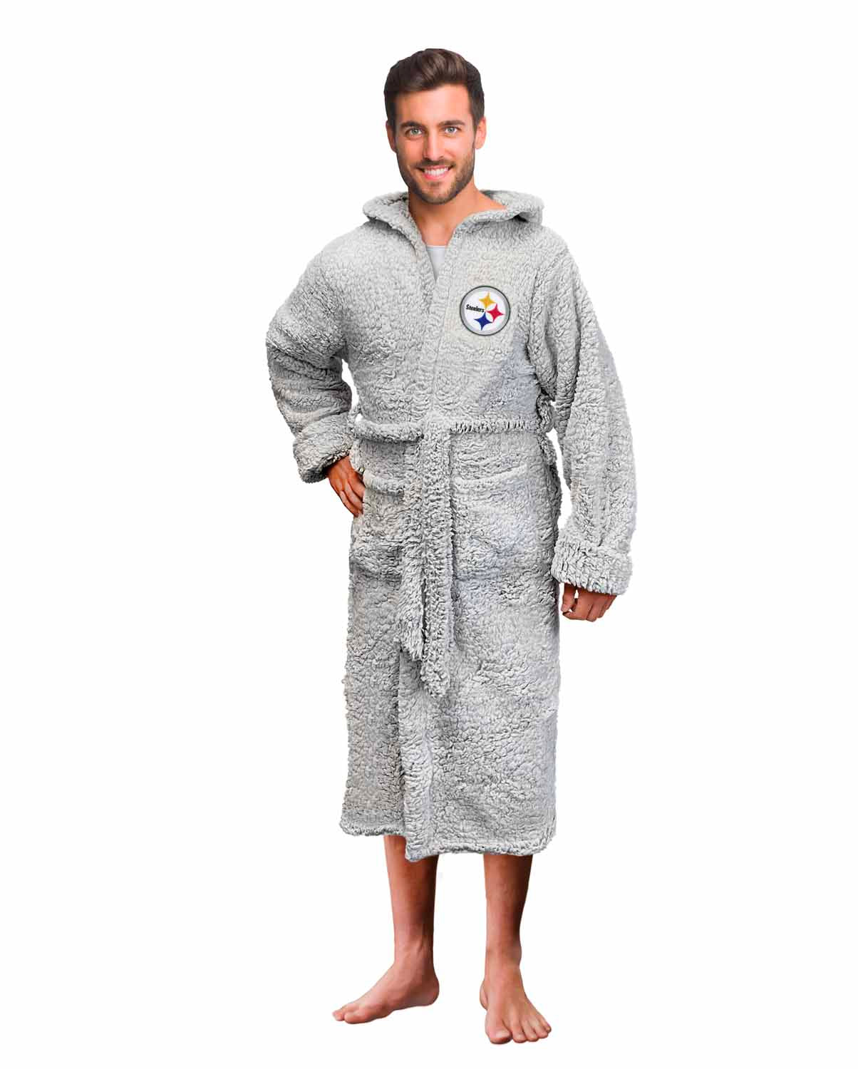 Pittsburgh Steelers NFL Plush Hooded Robe with Pockets - Gray