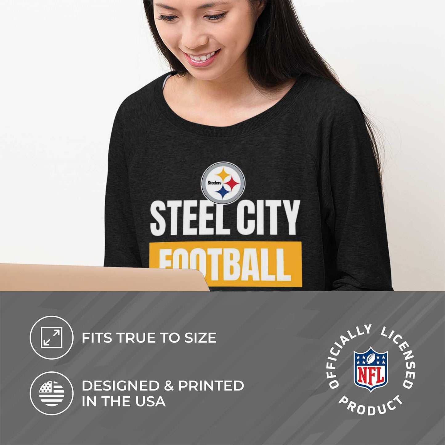 Pittsburgh Steelers NFL Womens Plus Size Team Slogan Crew Neck - Black