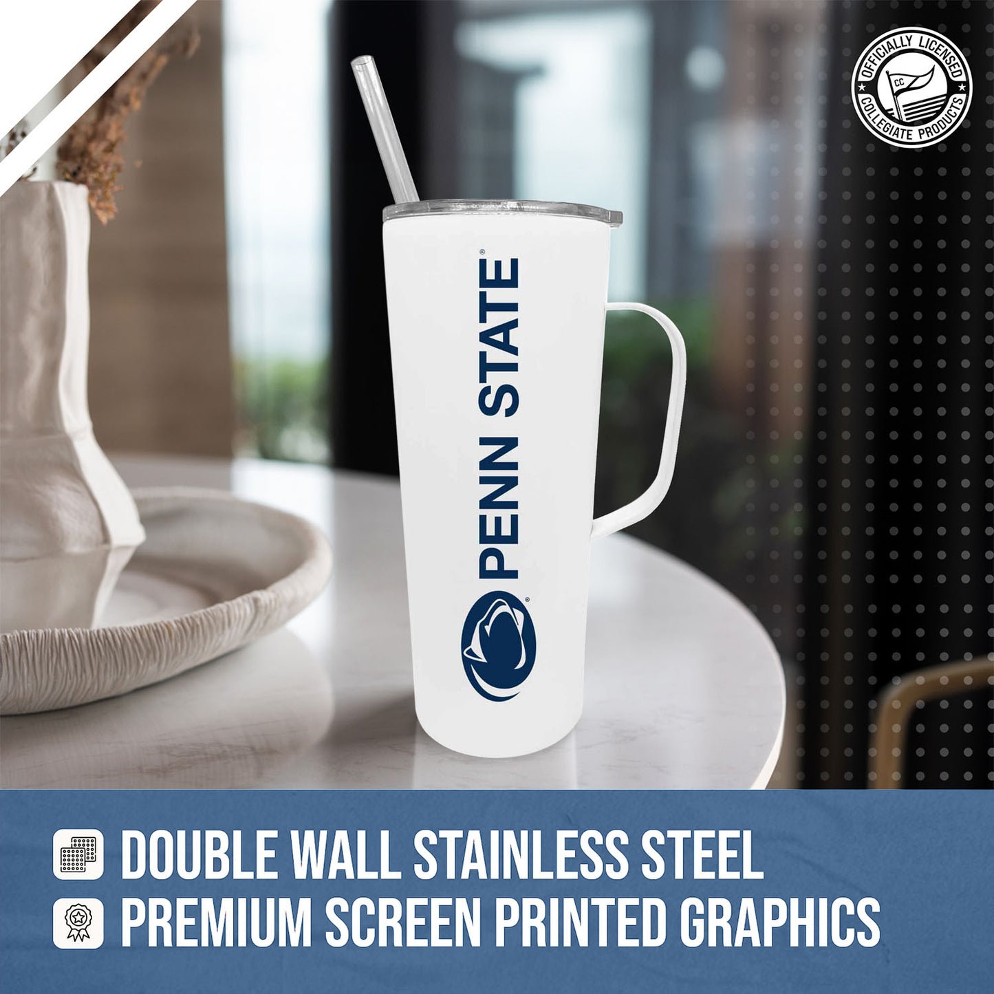 Penn State Nittany Lions NCAA Stainless Steal 20oz Roadie With Handle & Dual Option Lid With Straw - White