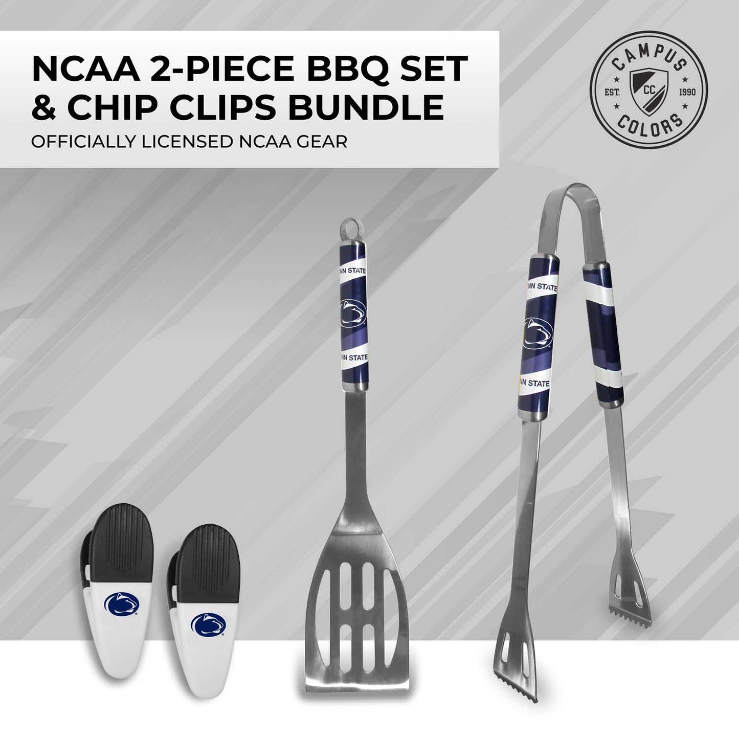 Penn State Nittany Lions Collegiate University Two Piece Grilling Tools Set with 2 Magnet Chip Clips - Chrome