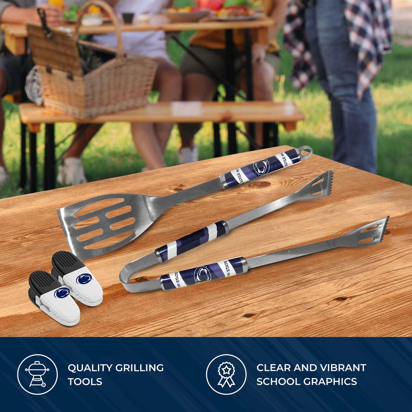 Penn State Nittany Lions Collegiate University Two Piece Grilling Tools Set with 2 Magnet Chip Clips - Chrome