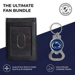 Penn State Nittany Lions School Logo Leather Card/Cash Holder and Bottle Opener Keychain Bundle - Black