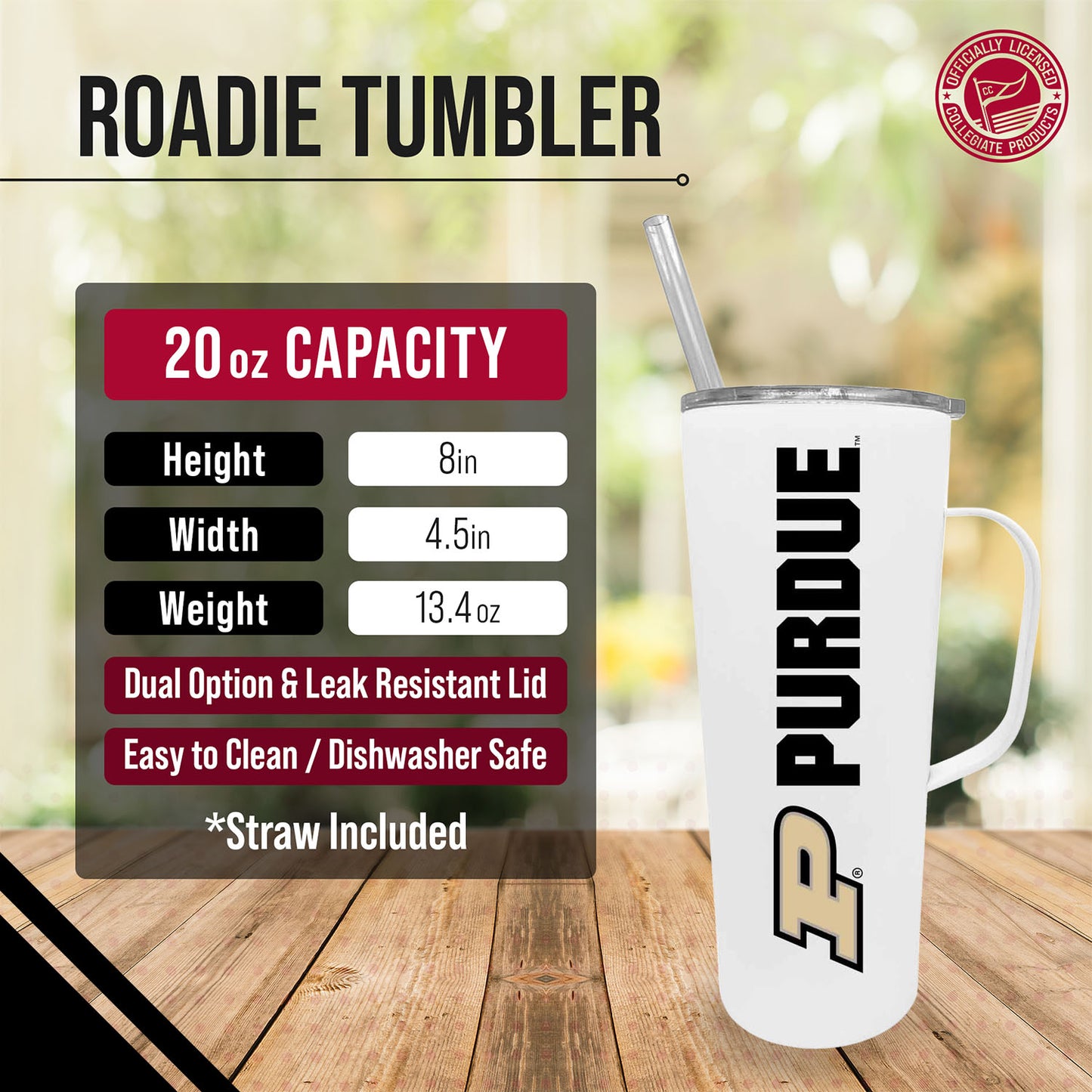 Purdue Boilermakers NCAA Stainless Steal 20oz Roadie With Handle & Dual Option Lid With Straw - White