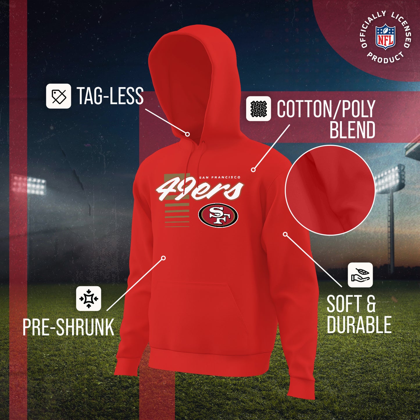 San Francisco 49ers NFL Adult Unisex Retro Script Ultra Soft Fleece Hooded Sweatshirt - Red