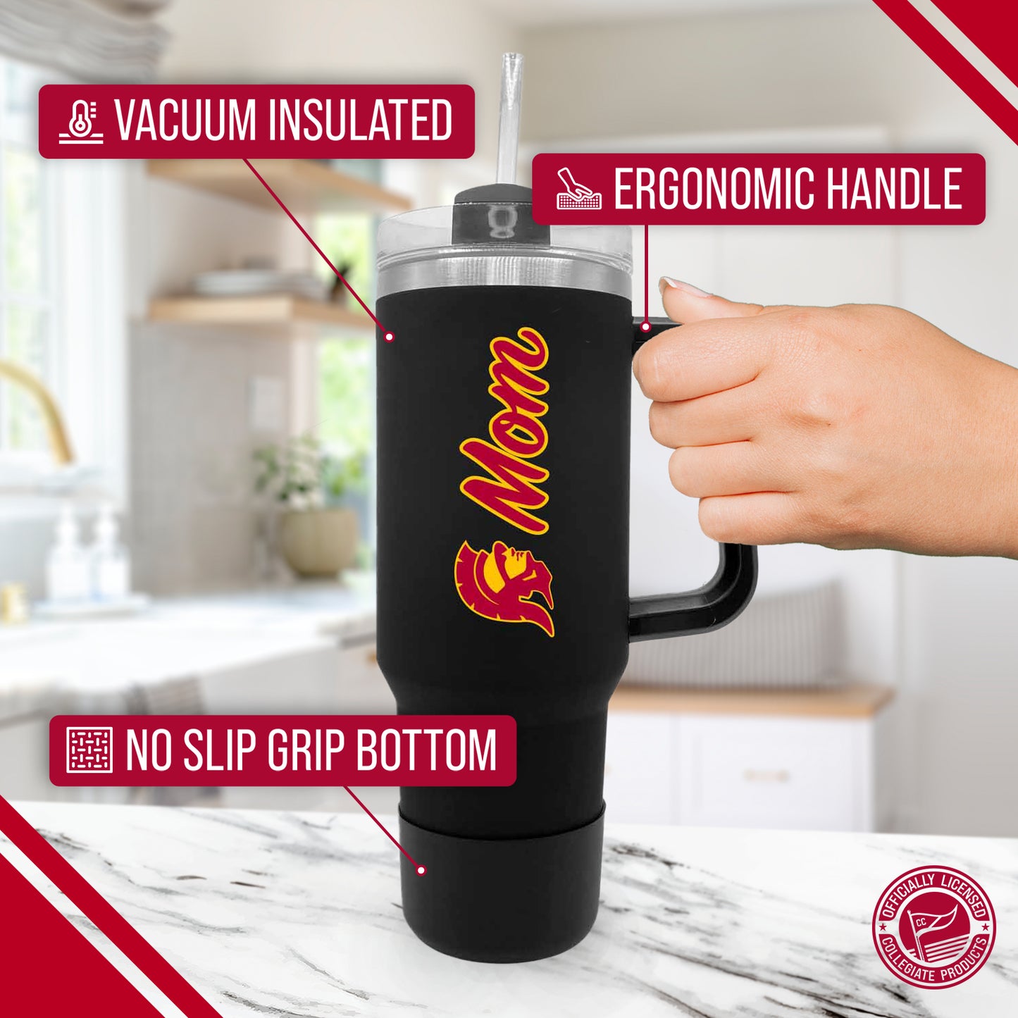 USC Trojans Collegiate 40oz Stainless Steel Travel Tumbler with Handle for Mom - Black