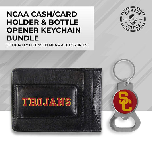 USC Trojans School Logo Leather Card/Cash Holder and Bottle Opener Keychain Bundle - Black
