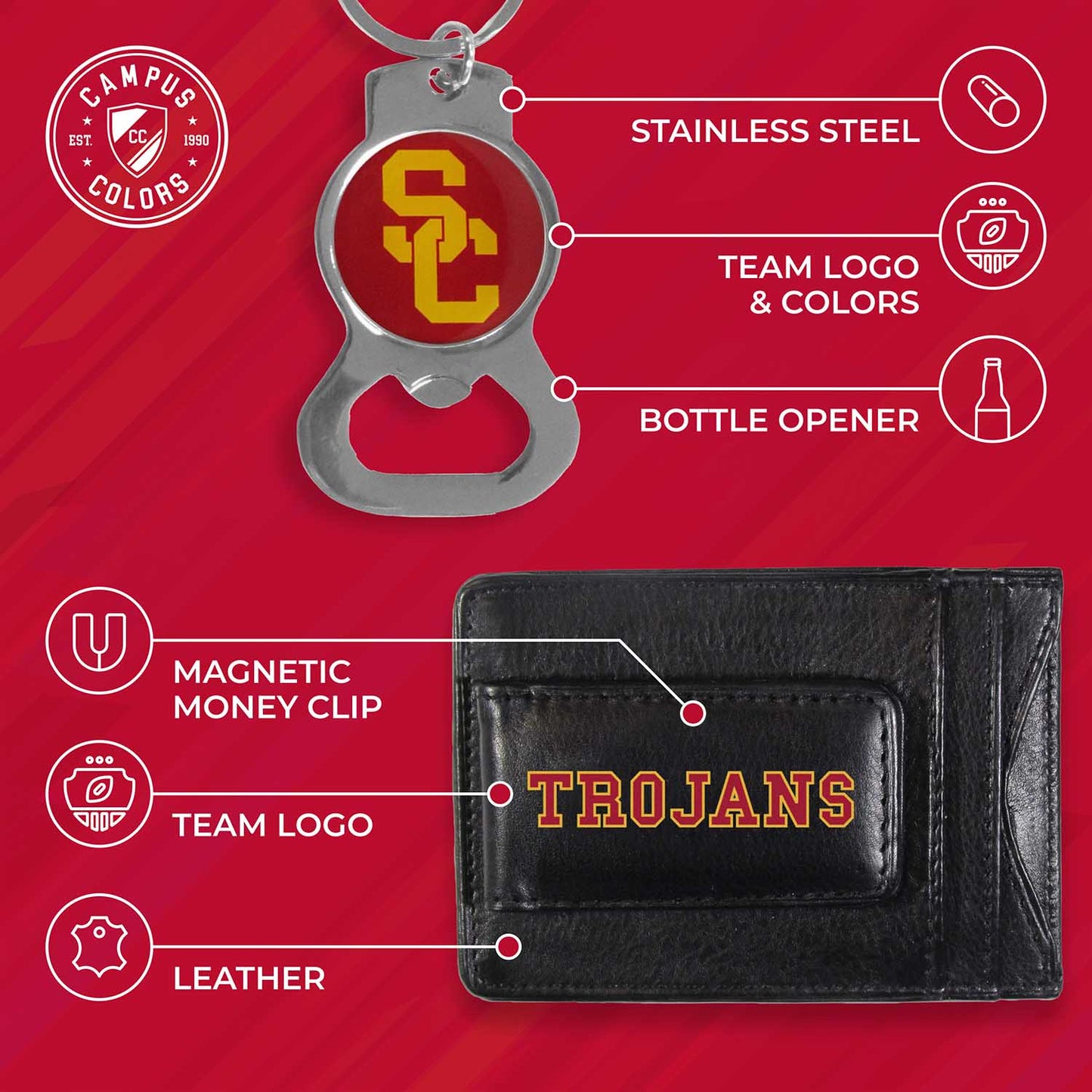 USC Trojans School Logo Leather Card/Cash Holder and Bottle Opener Keychain Bundle - Black