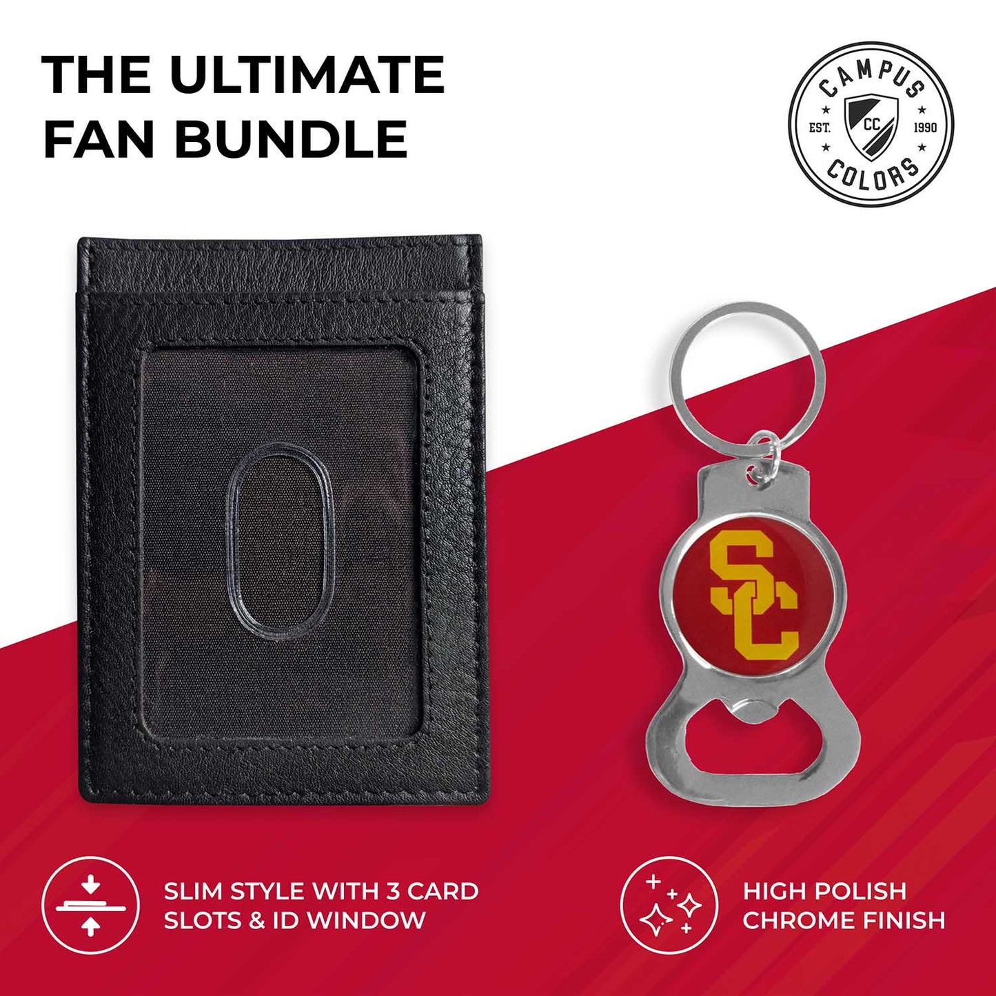 USC Trojans School Logo Leather Card/Cash Holder and Bottle Opener Keychain Bundle - Black