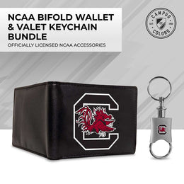 South Carolina Gamecocks University Team Logo Mens Bi Fold Wallet and Unisex Valet Keychain Bundle - Black