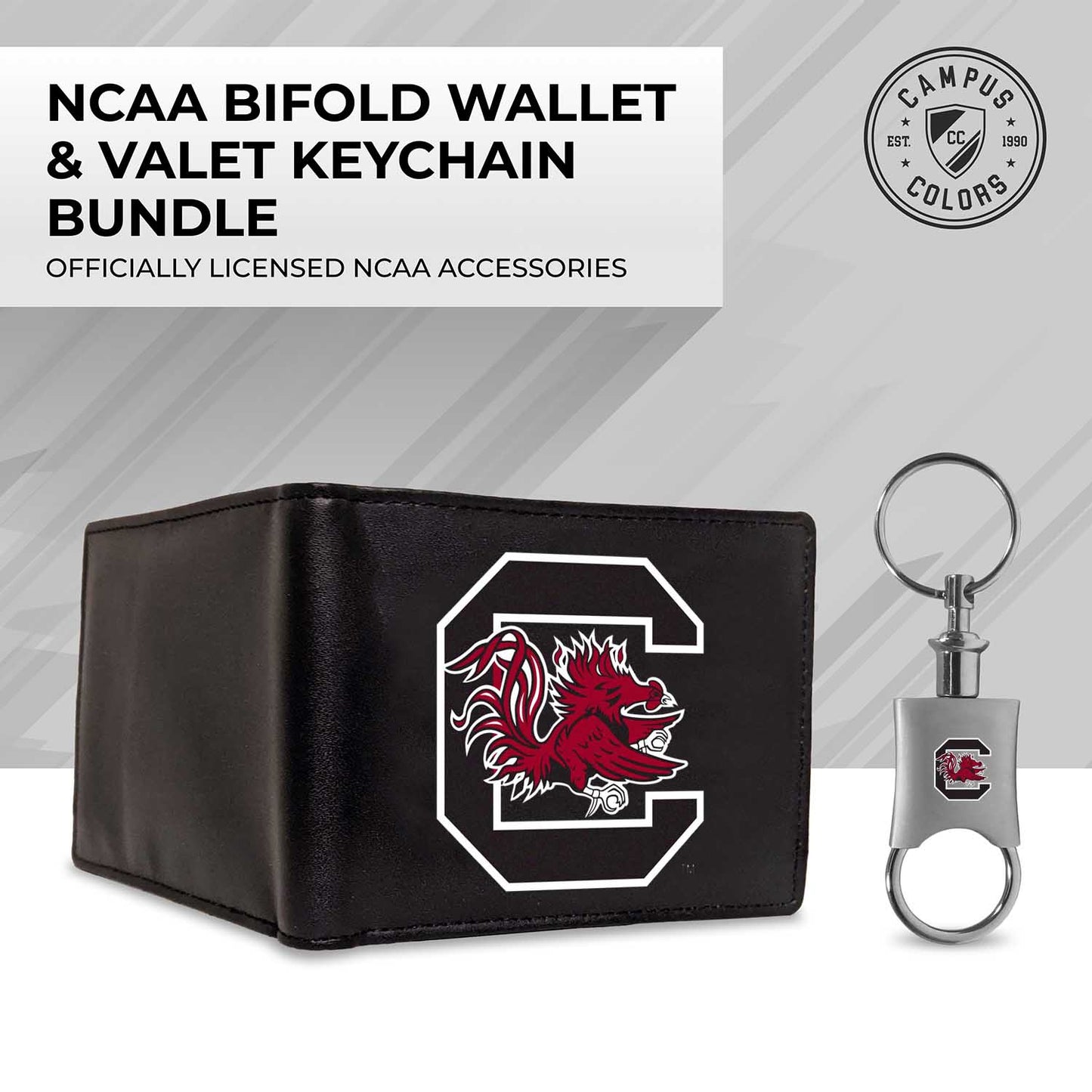 South Carolina Gamecocks University Team Logo Mens Bi Fold Wallet and Unisex Valet Keychain Bundle - Black