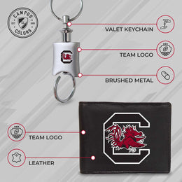 South Carolina Gamecocks University Team Logo Mens Bi Fold Wallet and Unisex Valet Keychain Bundle - Black