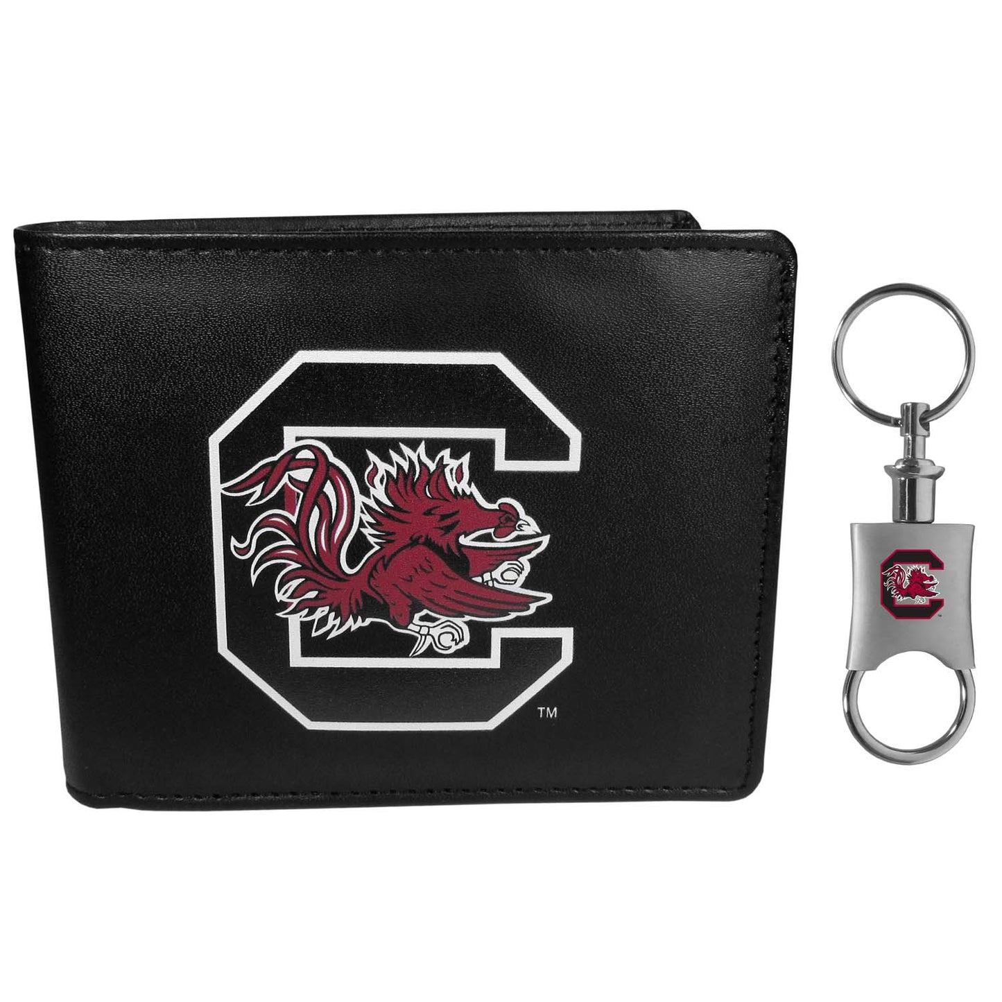 South Carolina Gamecocks University Team Logo Mens Bi Fold Wallet and Unisex Valet Keychain Bundle - Black