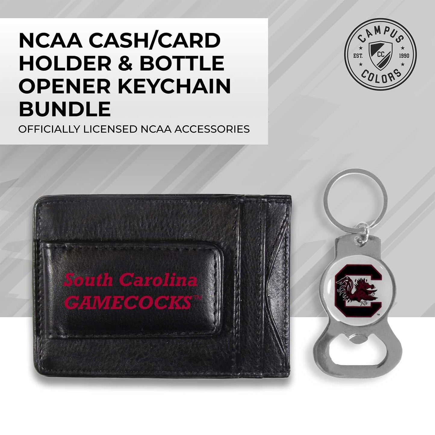 South Carolina Gamecocks School Logo Leather Card/Cash Holder and Bottle Opener Keychain Bundle - Black