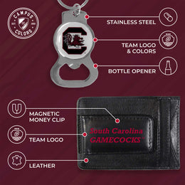South Carolina Gamecocks School Logo Leather Card/Cash Holder and Bottle Opener Keychain Bundle - Black
