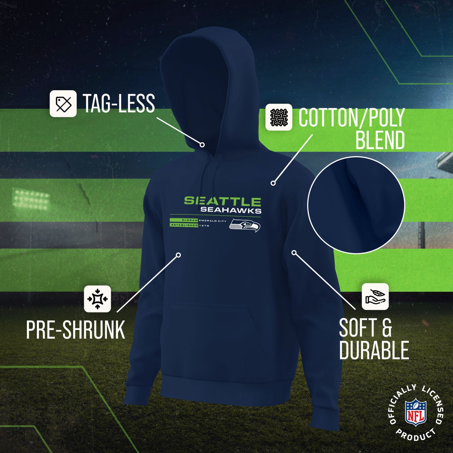 Seattle Seahawks Adult NFL Speed Stat Sheet Fleece Hooded Sweatshirt - Navy