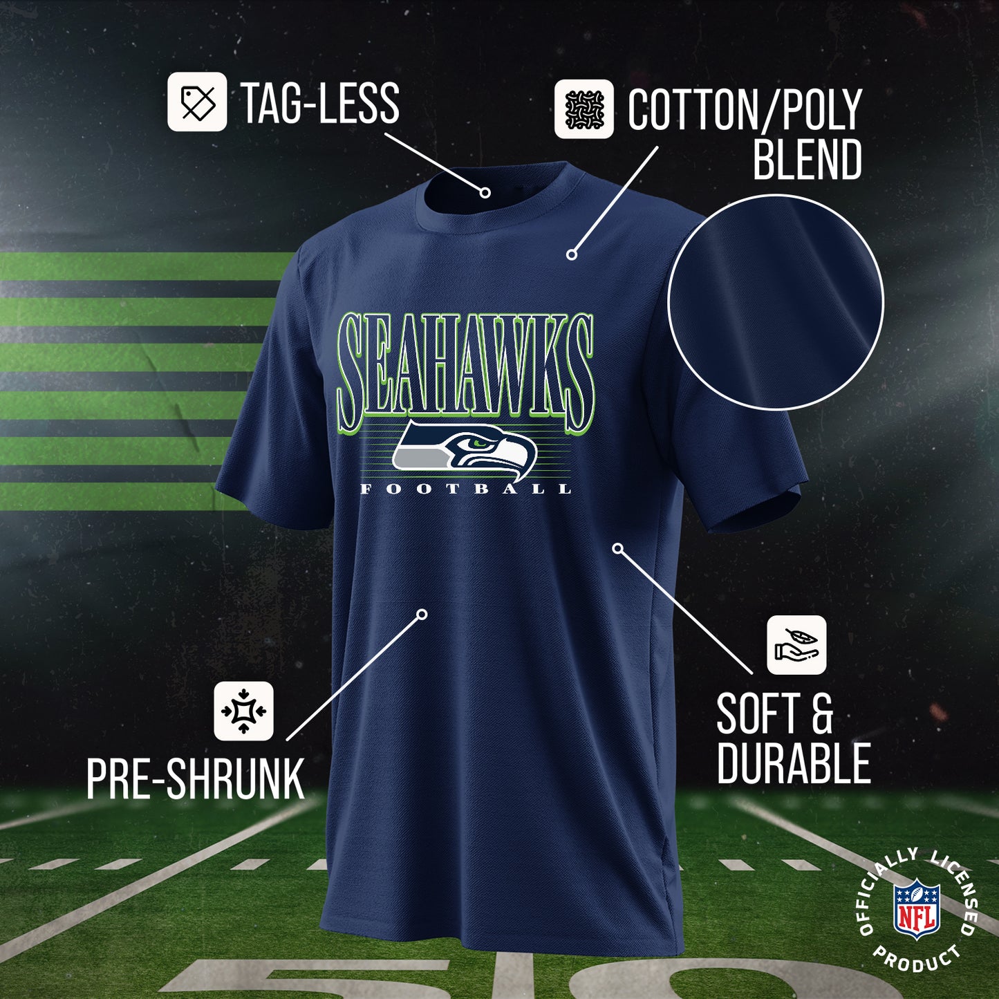 Seattle Seahawks NFL Adult Overtime Blueprint Tag-Less T-Shirt - Navy