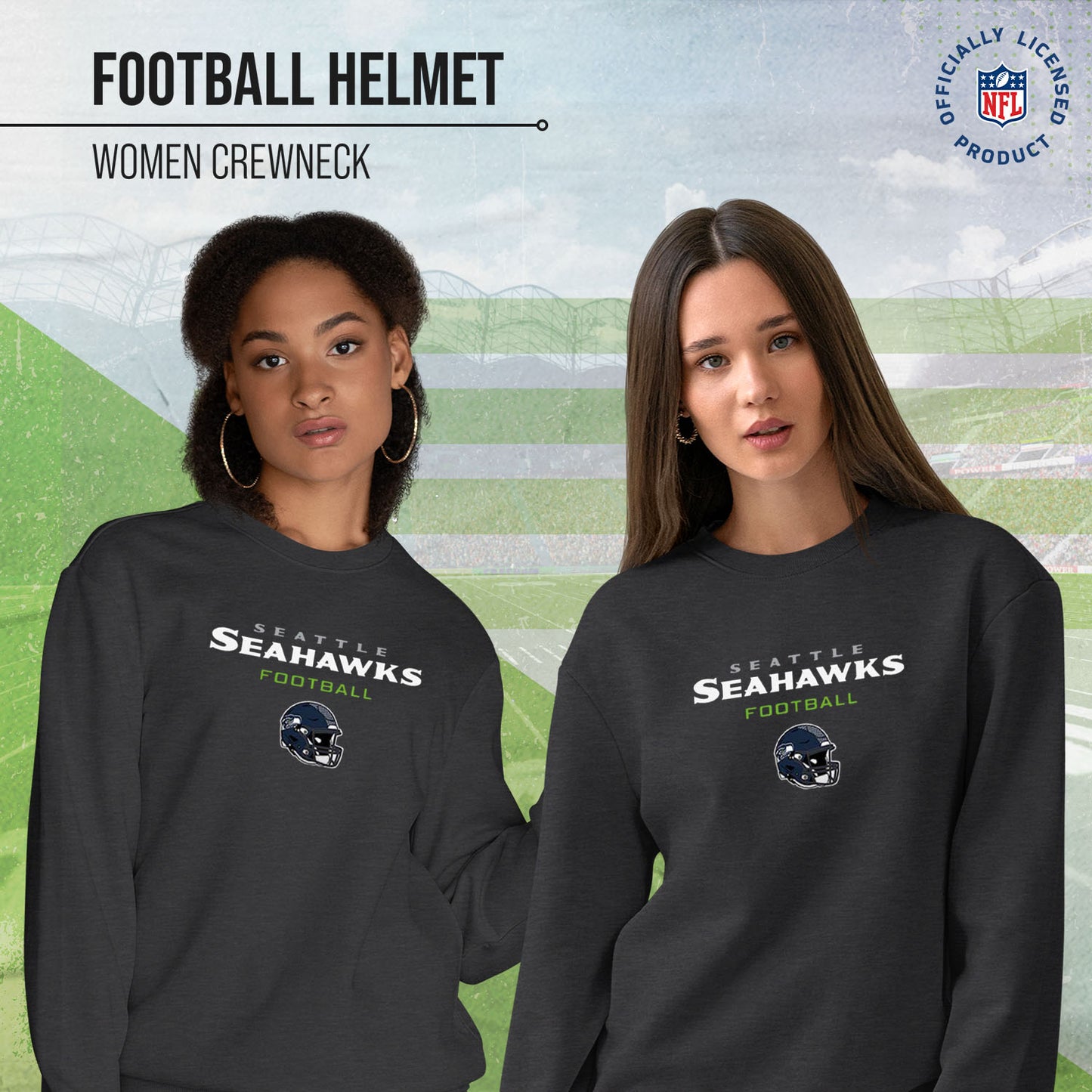 Seattle Seahawks Women's NFL Football Helmet Charcoal Slouchy Crewneck -Tagless Lightweight Pullover - Charcoal