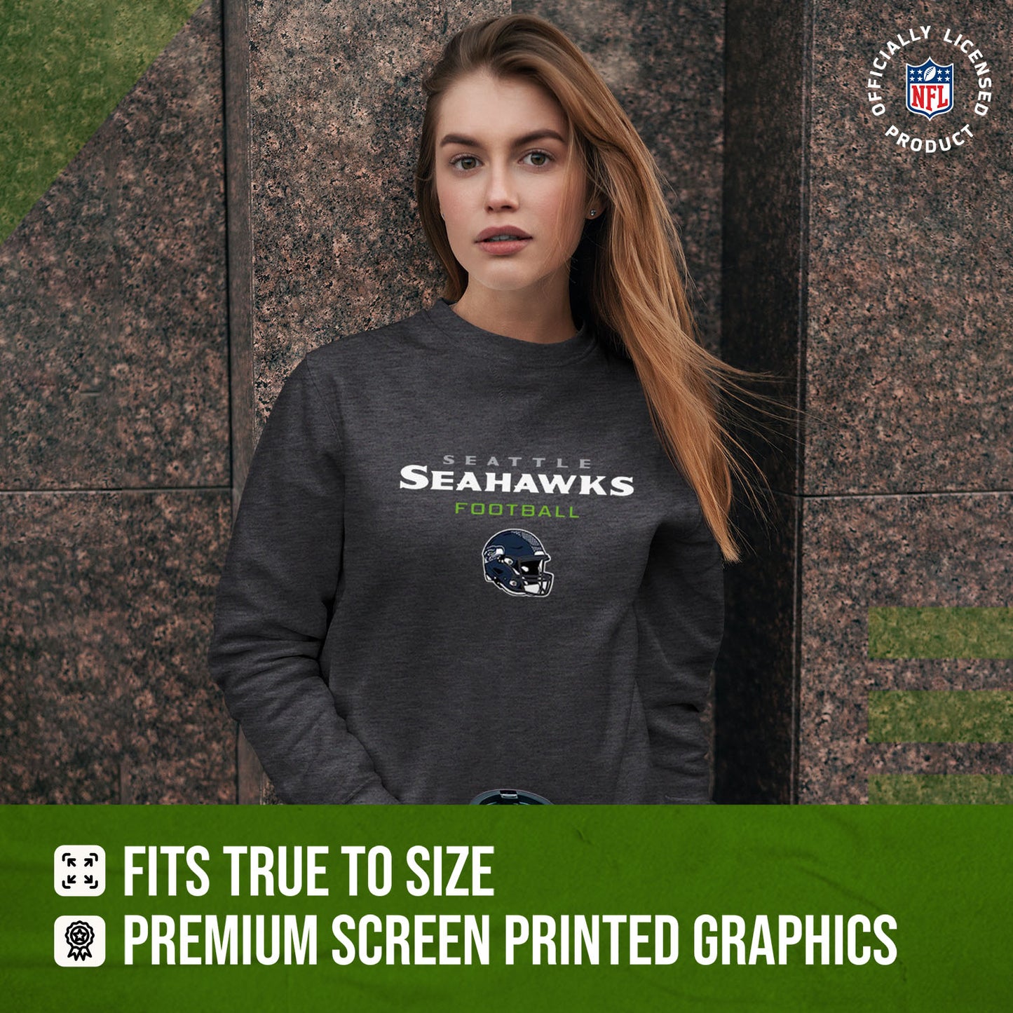 Seattle Seahawks Women's NFL Football Helmet Charcoal Slouchy Crewneck -Tagless Lightweight Pullover - Charcoal