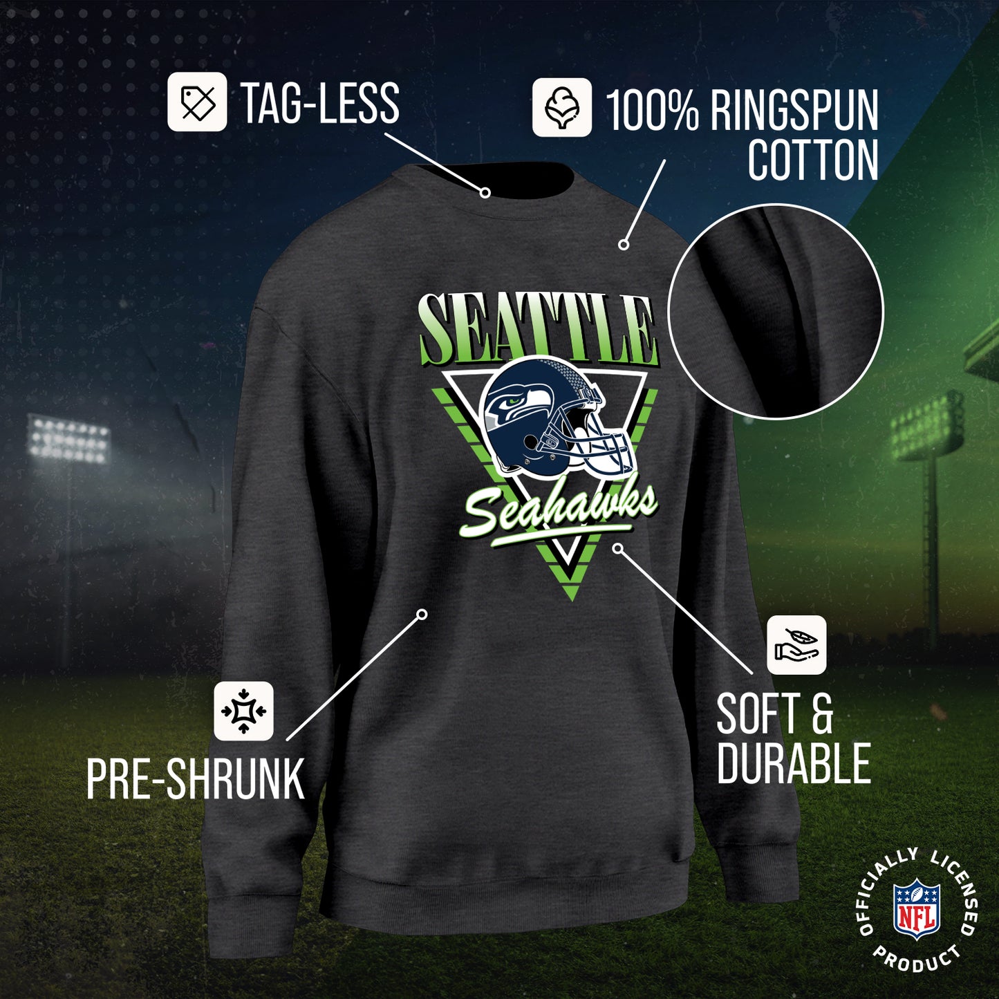 Seattle Seahawks NFL Womens Retro Triangle Slouchy Crewneck - Heather Charcoal