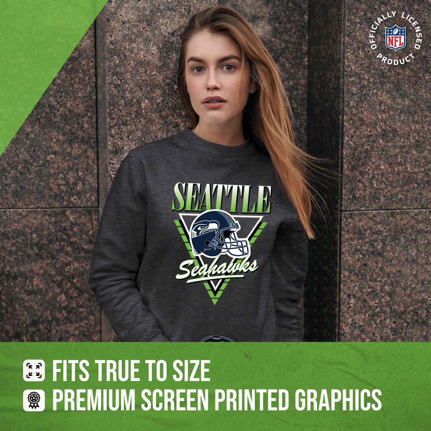 Seattle Seahawks NFL Womens Retro Triangle Slouchy Crewneck - Heather Charcoal