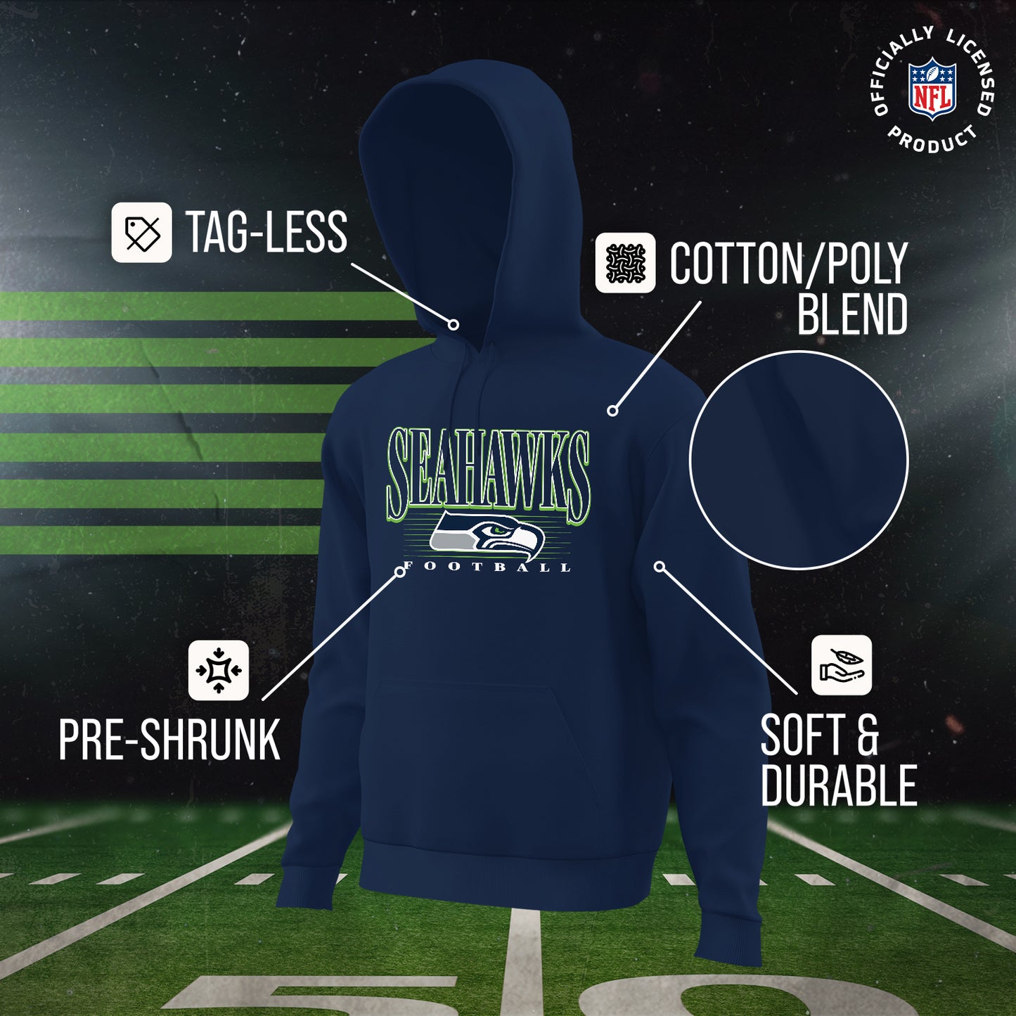 Seattle Seahawks NFL Adult Unisex Overtime Blueprint Soft Fleece Hooded Sweatshirt - Navy