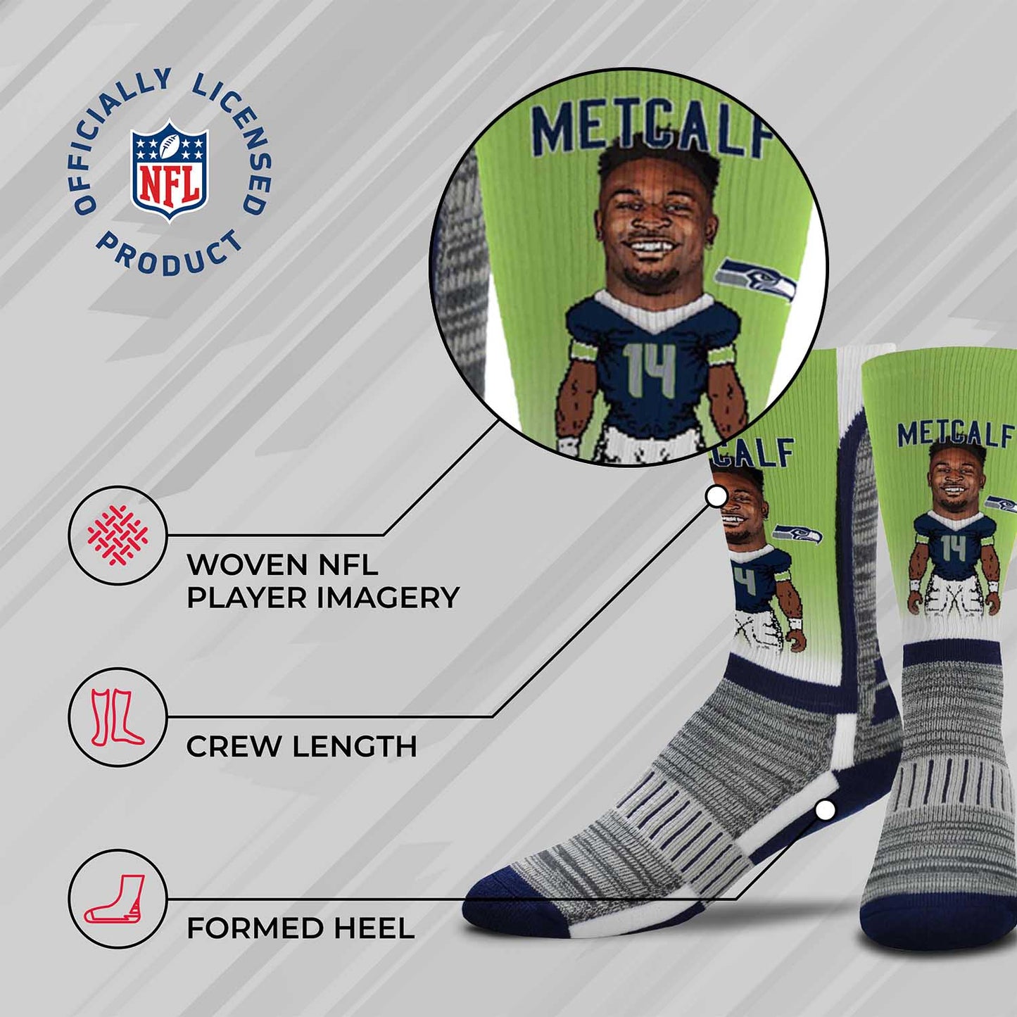 Seattle Seahawks FBF NFL Youth V Curve MVP DK Metcalf Player Crew Socks - Lime Green #14