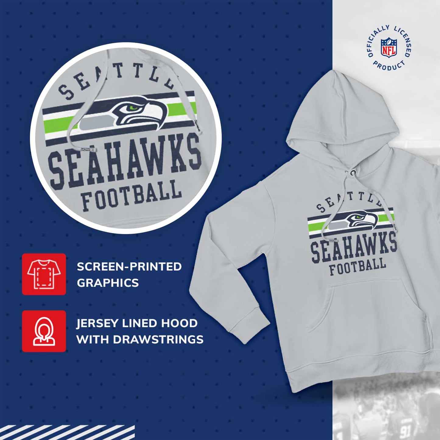 Seattle Seahawks NFL Team Stripe Hooded Sweatshirt- Soft Pullover Sports Hoodie For Men & Women - Sport Gray