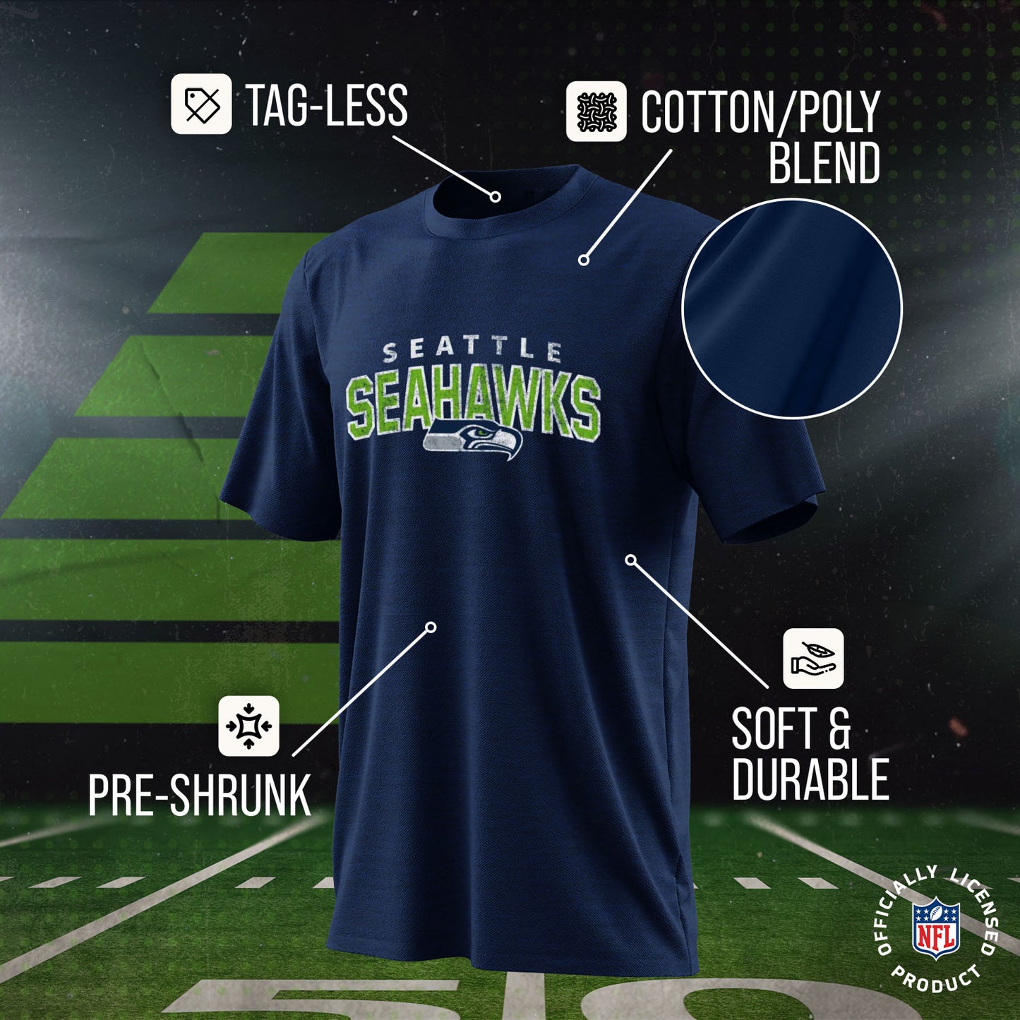 Seattle Seahawks NFL Youth Starting Fresh Tee- Pro Football Tag-Less T-Shirt For Boys & Girls - Navy