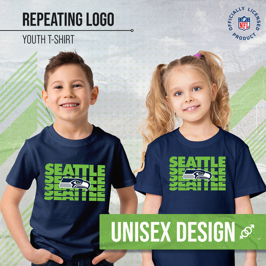 Seattle Seahawks NFL Youth Repeating Logo Football T-Shirt Unisex Tag Free Comfortable - Navy