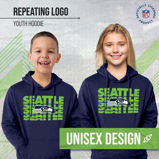 Seattle Seahawks NFL Youth Repeating Logo Football Fleece Hooded Sweatshirt - Navy