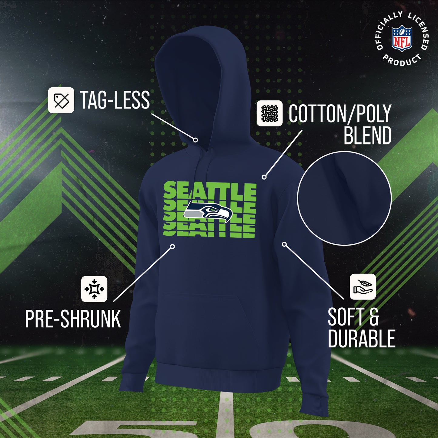 Seattle Seahawks NFL Youth Repeating Logo Football Fleece Hooded Sweatshirt - Navy