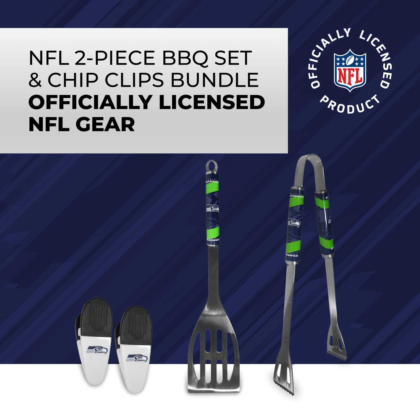 Seattle Seahawks NFL Two Piece Grilling Tools Set with 2 Magnet Chip Clips - Chrome