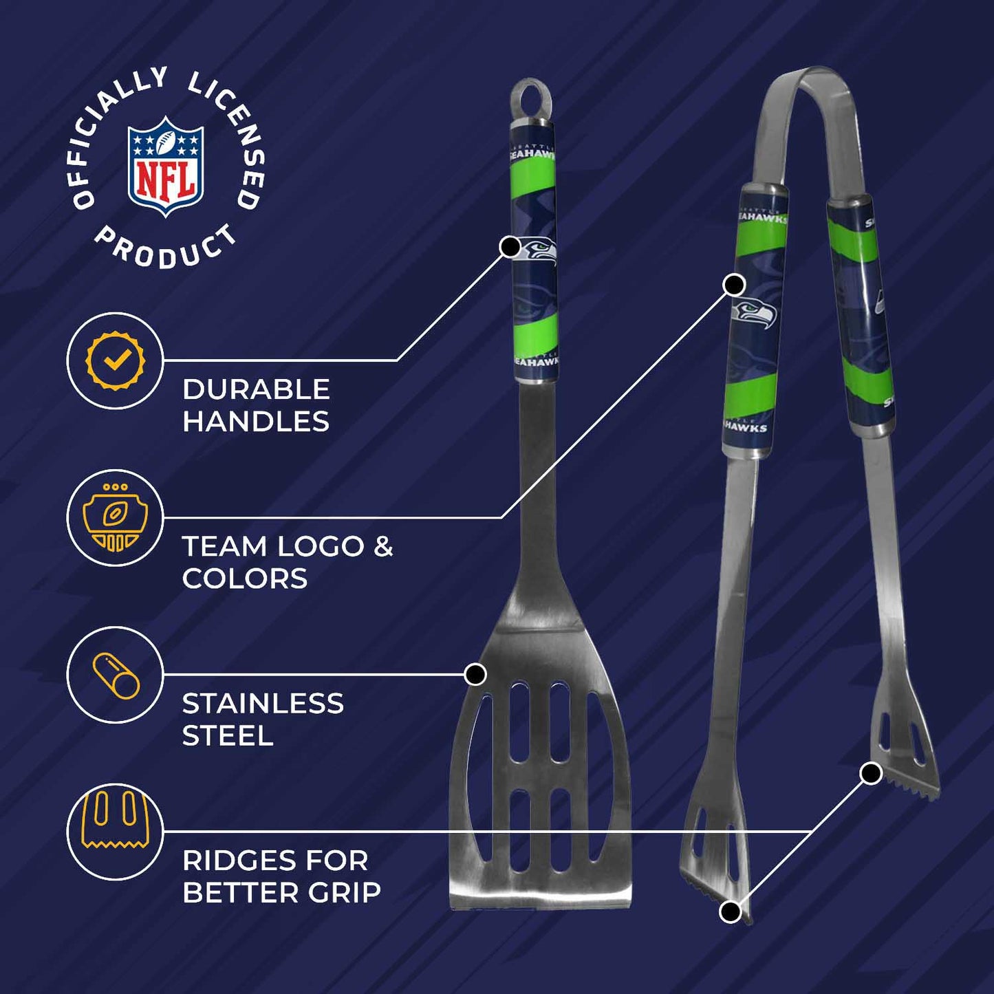 Seattle Seahawks NFL Two Piece Grilling Tools Set with 2 Magnet Chip Clips - Chrome