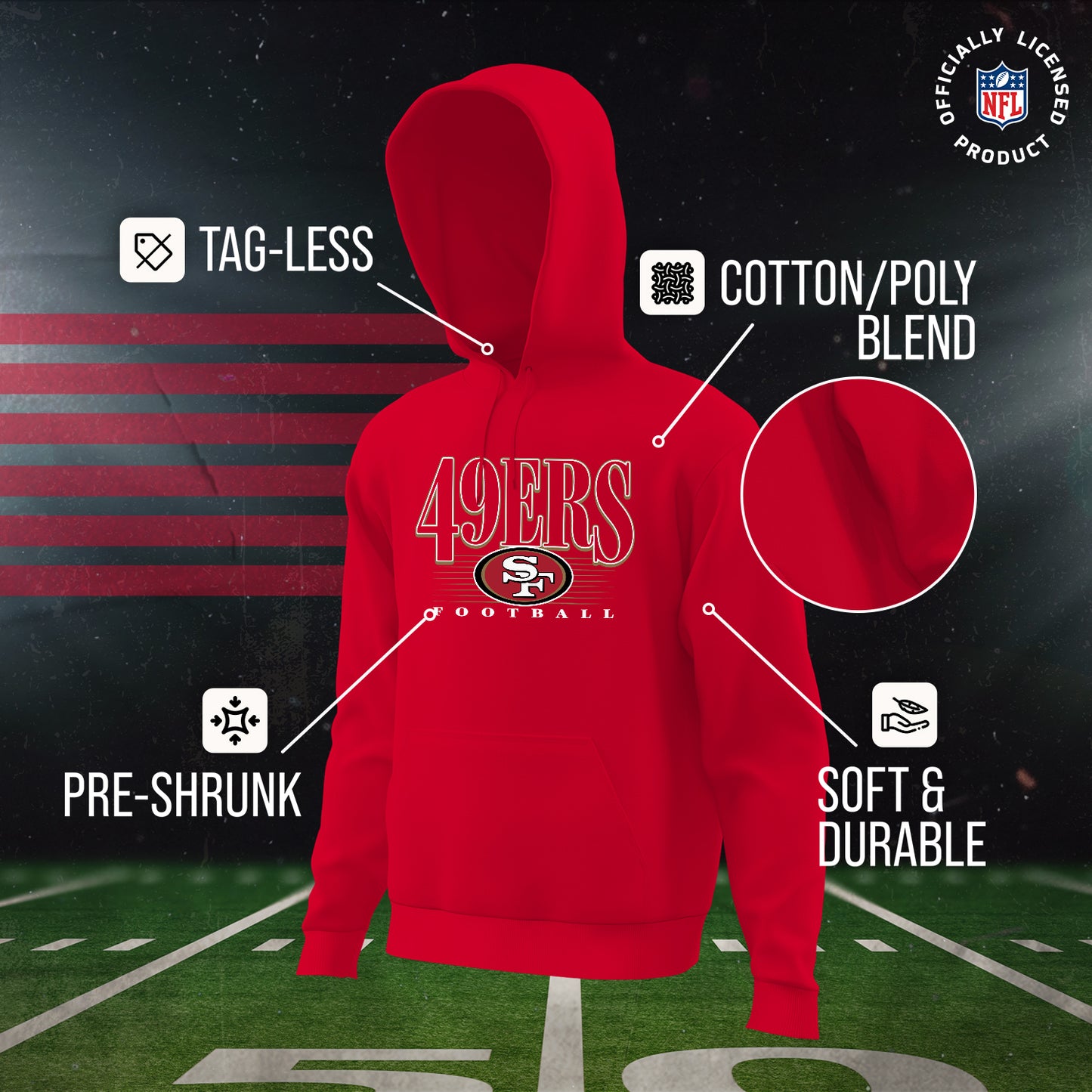 San Francisco 49ers NFL Adult Unisex Overtime Blueprint Soft Fleece Hooded Sweatshirt - Red