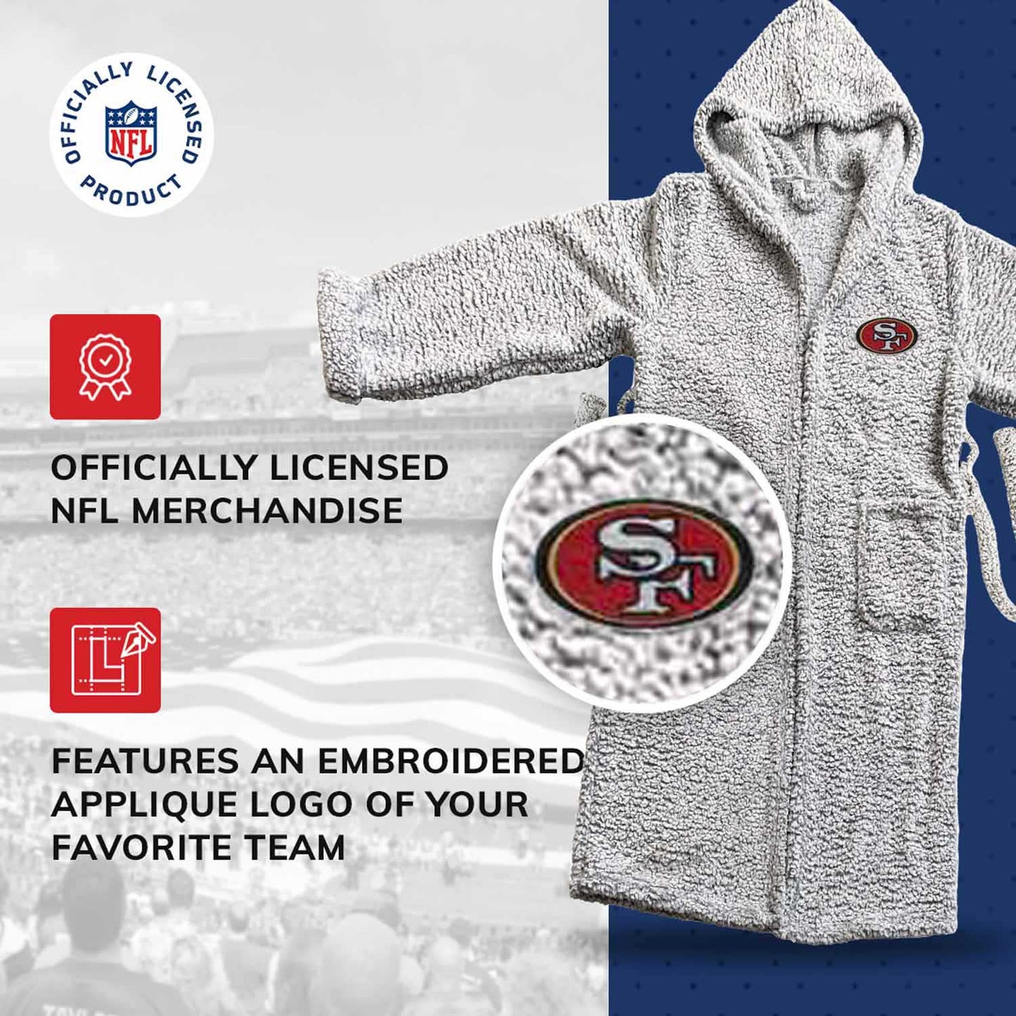 San Francisco 49ers NFL Plush Hooded Robe with Pockets - Gray