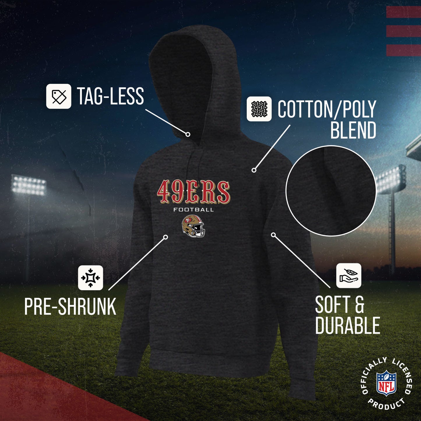 San Francisco 49ers Adult NFL Football Helmet Heather Hooded Sweatshirt  - Charcoal