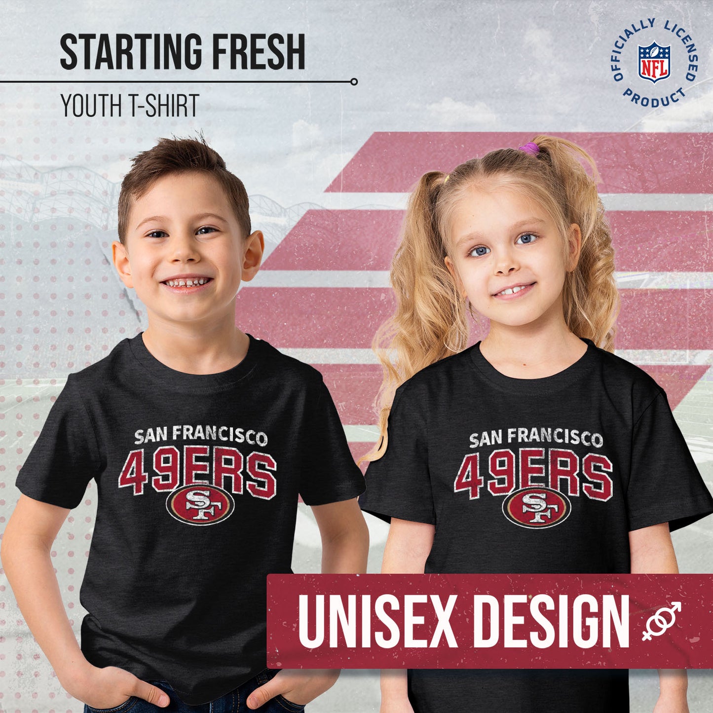 San Francisco 49ers NFL Youth Starting Fresh Tee- Pro Football Tag-Less T-Shirt For Boys & Girls - Black