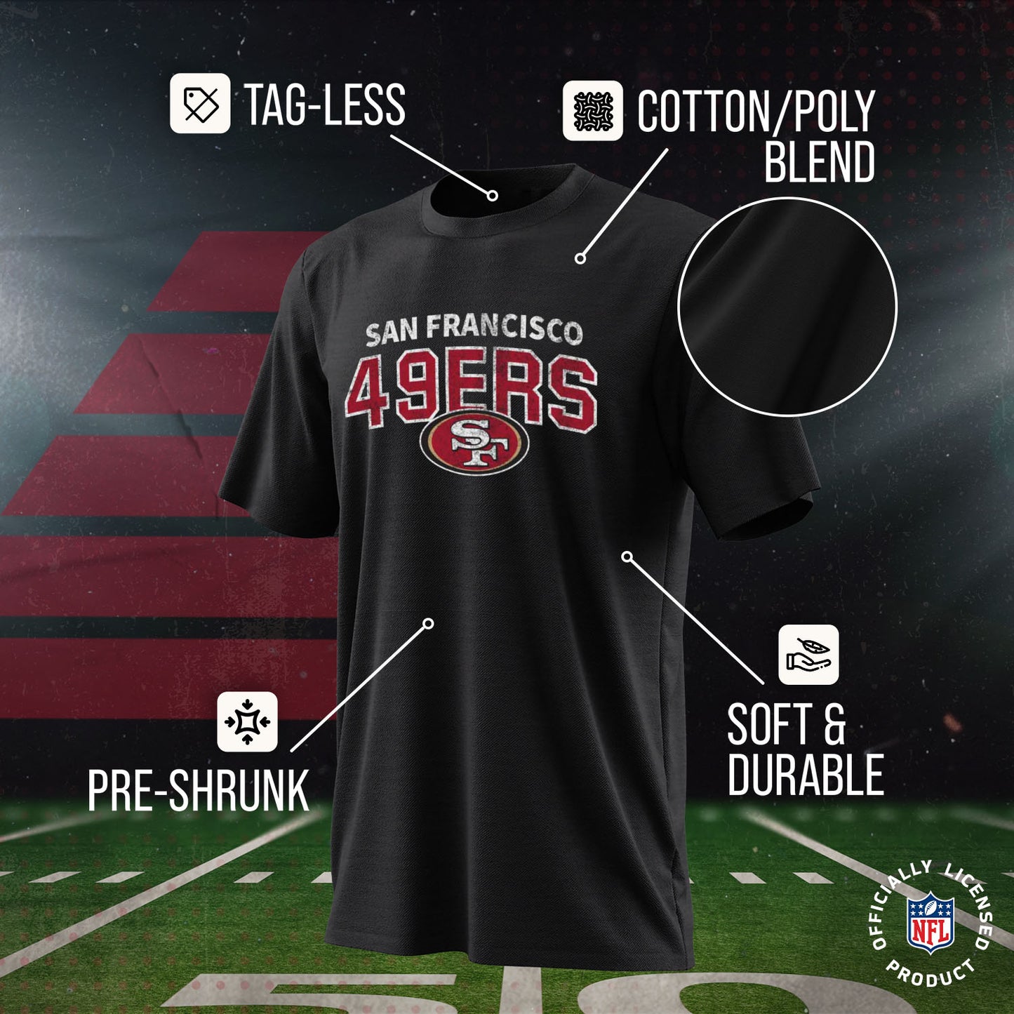 San Francisco 49ers NFL Youth Starting Fresh Tee- Pro Football Tag-Less T-Shirt For Boys & Girls - Black