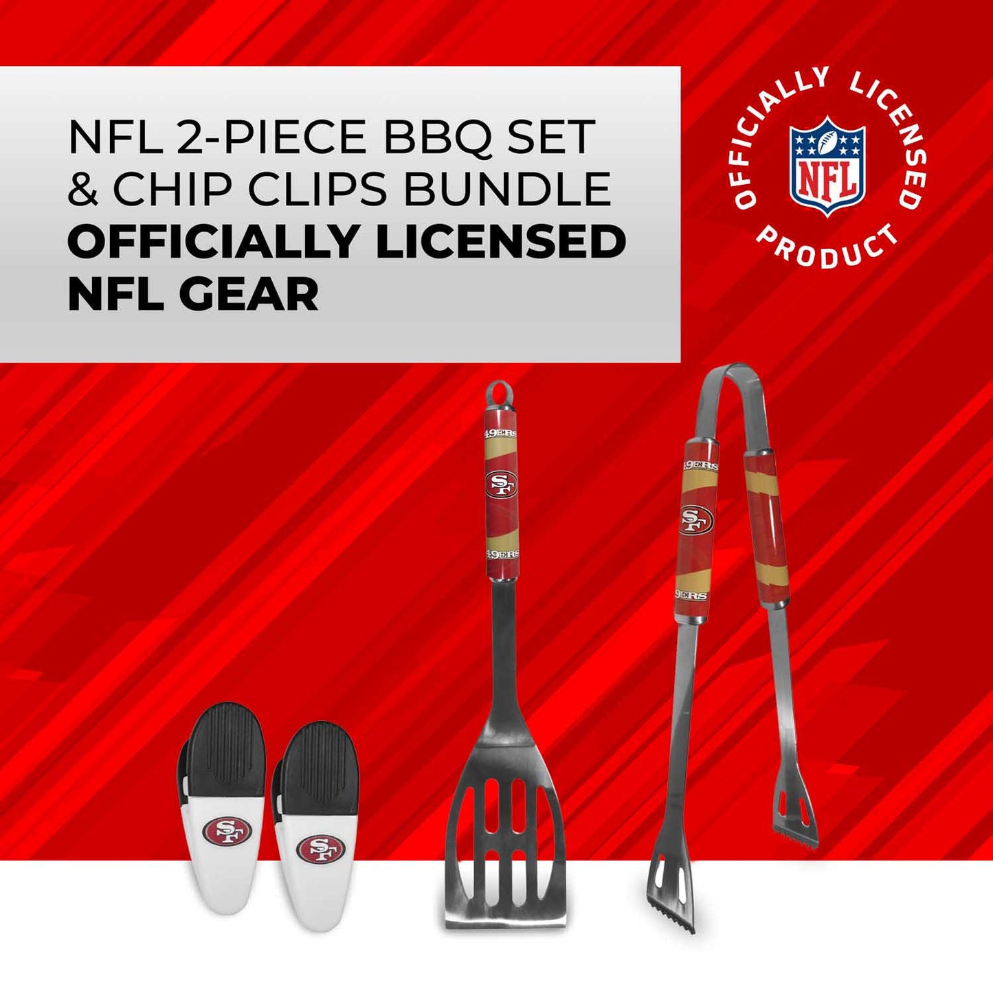 San Francisco 49ers NFL Two Piece Grilling Tools Set with 2 Magnet Chip Clips - Chrome