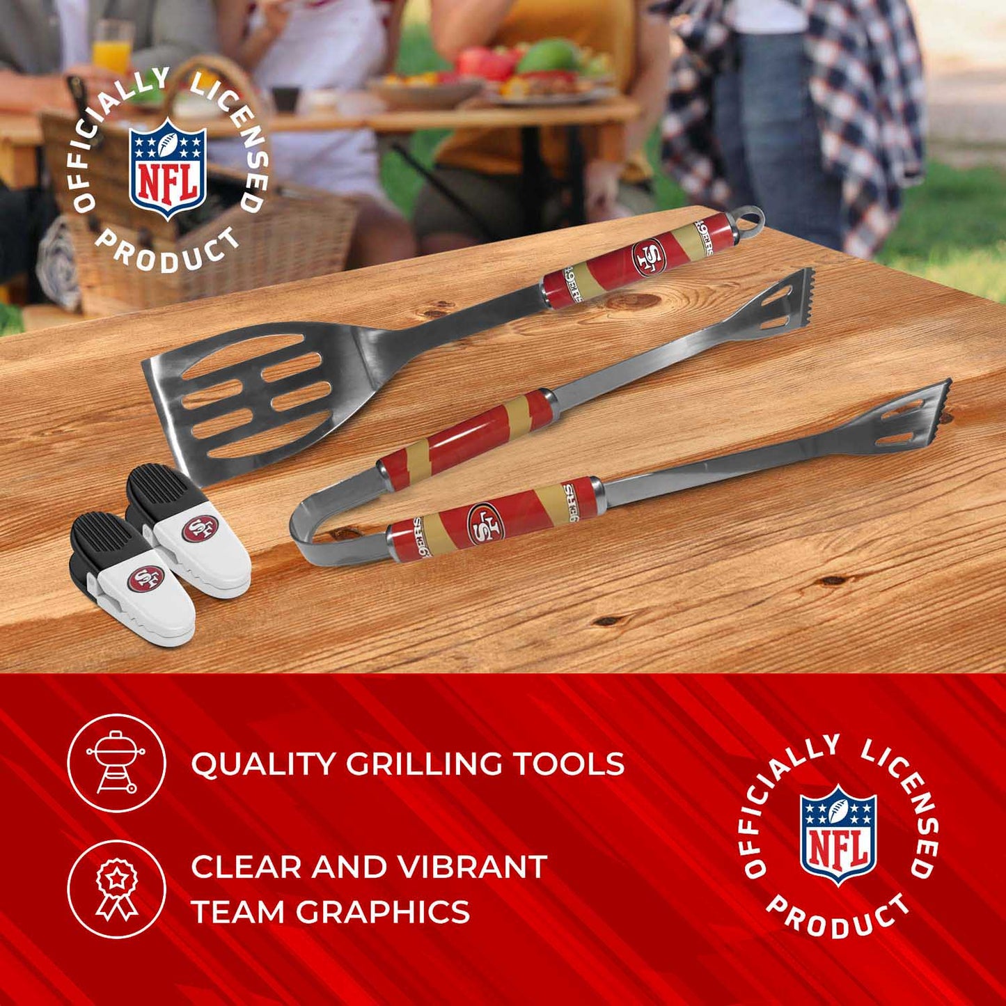San Francisco 49ers NFL Two Piece Grilling Tools Set with 2 Magnet Chip Clips - Chrome